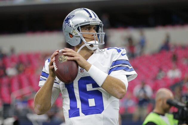 Dallas Cowboys' Matt Cassel (16) throws before an NFL football game against the New England Patriots, Sunday, Oct. 11, 2015, in Arlington, Texas. (AP Photo/Brandon Wade)