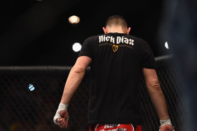 LAS VEGAS, NV - JANUARY 31:  Nick Diaz stands in the Octagon after his middleweight bout during the UFC 183 event at the MGM Grand Garden Arena on January 31, 2015 in Las Vegas, Nevada.  (Photo by Jeff Bottari/Zuffa LLC/Zuffa LLC via Getty Images)