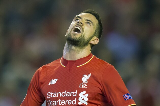 Liverpool's Danny Ings reacts after a missed opportunity during the Europa League Group B soccer match between Liverpool and FC Sion at Anfield Stadium, Liverpool, England, Thursday Oct. 1, 2015. (AP Photo/Jon Super)