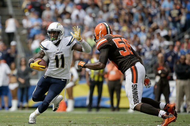 SAN DIEGO, CA - OCTOBER 04:  Stevie Johnson #11 of the San Diego Chargers is pursued by Karlos Dansby #56 of the Cleveland Browns at Qualcomm Stadium on October 4, 2015 in San Diego, California.  (Photo by Jeff Gross/Getty Images)