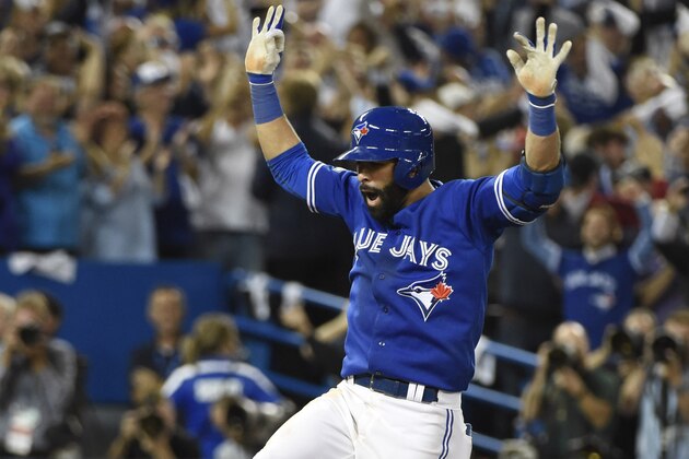Oct 14, 2015; Toronto, Ontario, CAN; Toronto Blue Jays right fielder Jose Bautista (19) reacts after hitting a three-run home run against the Texas Rangers in the 7th inning in game five of the ALDS at Rogers Centre. Mandatory Credit: Peter Llewellyn-USA TODAY Sports