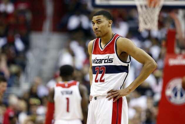 Washington Wizards forward Otto Porter Jr. (22) pauses on the court in the second half of Game 3 of the second round of the NBA basketball playoffs against the Atlanta Hawks, Saturday, May 9, 2015, in Washington. The Wizards won 103-101. (AP Photo/Alex Brandon)