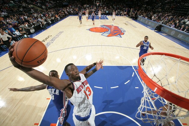 NEW YORK, NY - OCTOBER 12:  Jerian Grant #13 of the New York Knicks goes to the basket against the Philadelphia 76ers on October 12, 2015 at Madison Square Garden in New York City.  NOTE TO USER: User expressly acknowledges and agrees that, by downloading and or using this photograph, User is consenting to the terms and conditions of the Getty Images License Agreement. Mandatory Copyright Notice: Copyright 2015 NBAE  (Photo by Nathaniel S. Butler/NBAE via Getty Images)