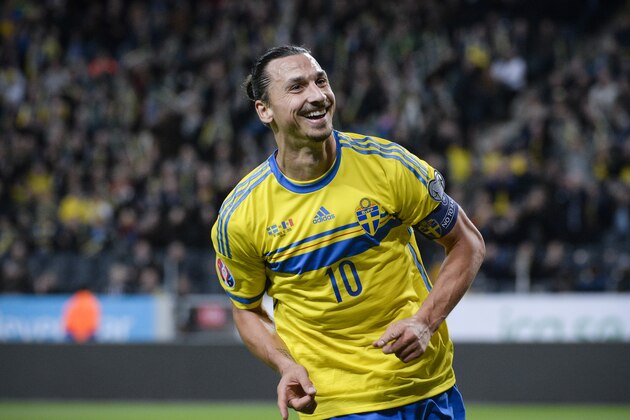Sweden's Zlatan Ibrahimovic celebrates scoring the opening goal during the UEFA Euro 2016 group G qualifying soccer match between Sweden and Moldova at Friends Arena in Stockholm, Sweden, on Monday Oct. 12, 2015. (Fredrik Sandberg / TT via AP) SWEDEN OUT