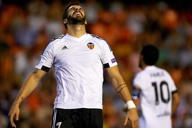 VALENCIA, SPAIN - SEPTEMBER 16:  Alvaro Negredo of Valencia reacts during the UEFA Champions League Group H match between Valencia CF and FC Zenit at the Estadi de Mestalla on September 16, 2015 in Valencia, Spain.  (Photo by Manuel Queimadelos Alonso/Getty Images)