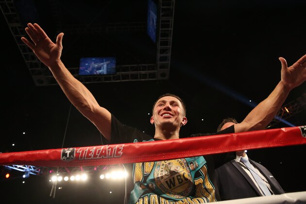 INGLEWOOD, CA - MAY 16:  Gennady Golovkin celebrates after defeating Willie Monroe Jr. in their World Middleweight Championship fight at The Forum on May 16, 2015 in Inglewood, California.  Golovkin won on a TKO in the sixth round.  (Photo by Stephen Dunn/Getty Images)
