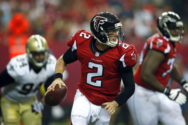Atlanta Falcons quarterback Matt Ryan (2) looks to throw against the New Orleans Saints during an NFL game at the Georgia Dome in Atlanta on Sunday, Sept. 7, 2014. (Jeff Haynes/AP Images for Panini)