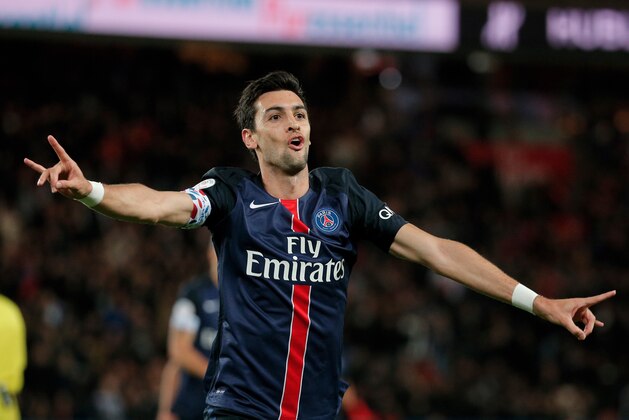 PSG's Javier Pastore celebrates after scoring during the  French League One soccer match between Paris Saint Germain and Guingamp, at the Parc des Princes stadium in Paris, France, Tuesday, Sept. 22, 2015. (AP Photo/Thibault Camus)