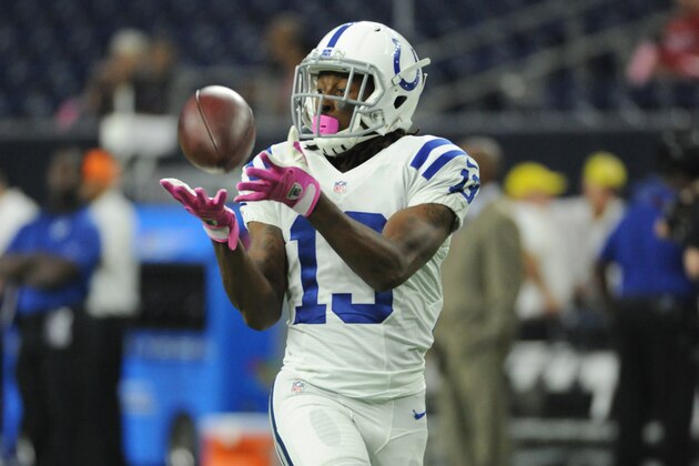Indianapolis Colts' T.Y. Hilton (13) before an NFL football game against the Houston Texans, Thursday, Oct. 8, 2015, in Houston. (AP Photo/Eric Christian Smith)