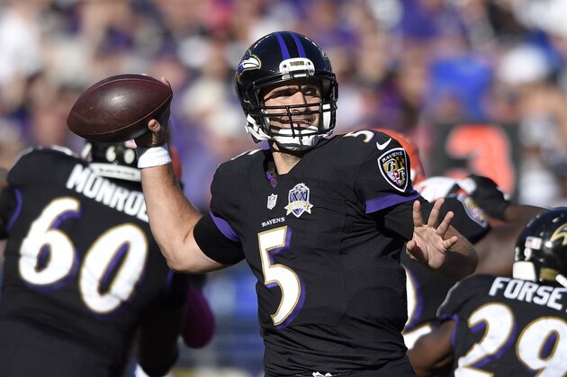 Baltimore Ravens quarterback Joe Flacco throws to a receiver in the second half of an NFL football game against the Cleveland Browns, Sunday, Oct. 11, 2015, in Baltimore. (AP Photo/Nick Wass)