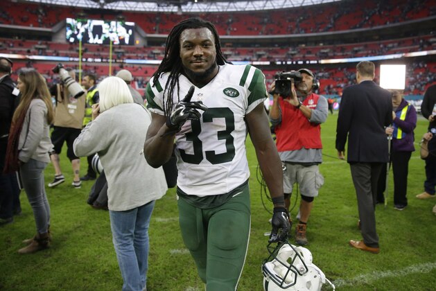 New York Jets' Chris Ivory gestures as he leaves the field at the end of the NFL football game between the New York Jets and the Miami Dolphins and at Wembley stadium in London, Sunday, Oct. 4, 2015. The Jets won the match 27-14.  (AP Photo/Matt Dunham)