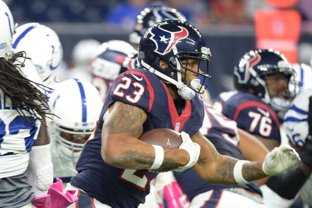 Houston Texans' Arian Foster (23) runs against the Indianapolis Colts during the first half of an NFL football game Thursday, Oct. 8, 2015, in Houston. (AP Photo/George Bridges)