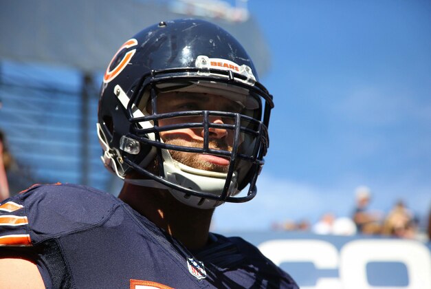 Sep 20, 2015; Chicago, IL, USA; Chicago Bears offensive tackle Kyle Long (75) before the game against the Arizona Cardinals at Soldier Field. Mandatory Credit: Dennis Wierzbicki-USA TODAY Sports