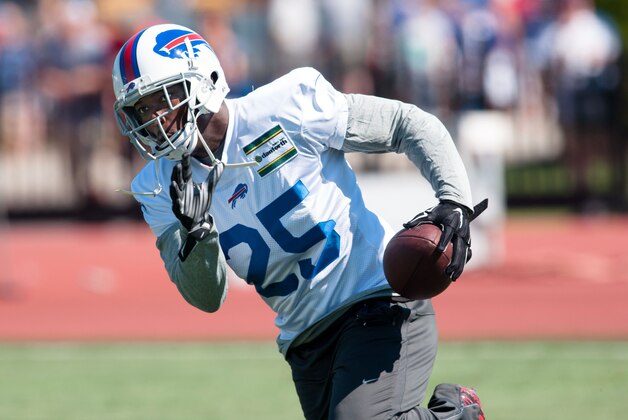 Jul 31, 2015; Pittsford, NY, USA; Buffalo Bills running back LeSean McCoy (25) turns up field after catching a pass during training camp at St. John Fisher College. Mandatory Credit: Mark Konezny-USA TODAY Sports