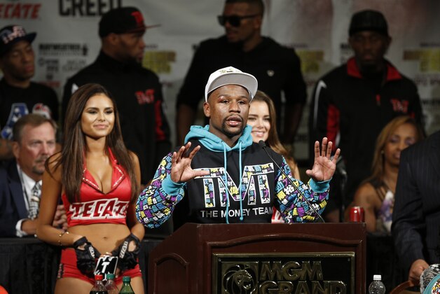 Floyd Mayweather Jr. speaks at a news conference after his welterweight title bout with Andre Berto Saturday, Sept. 12, 2015, in Las Vegas. (AP Photo/Steve Marcus)