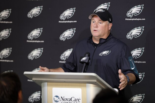 Philadelphia Eagles head coach Chip Kelly speaks with members of the media at the NFL football team's practice facility, Thursday, Oct. 15, 2015, in Philadelphia. (AP Photo/Matt Rourke)