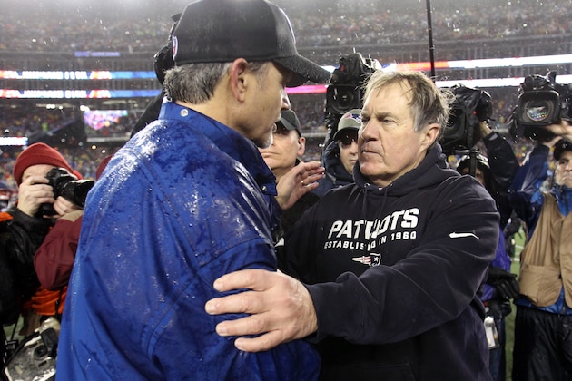 FOXBORO, MA - JANUARY 18:  Head coach Chuck Pagano of the Indianapolis Colts and head coach Bill Belichick of the New England Patriots shake hands after the 2015 AFC Championship Game at Gillette Stadium on January 18, 2015 in Foxboro, Massachusetts. The Patriots defeated the Colts 45-7.  (Photo by Jim Rogash/Getty Images)