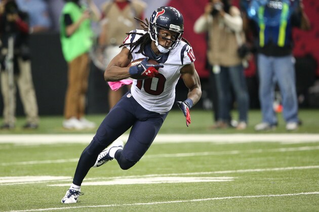 Houston Texans wide receiver DeAndre Hopkins (10) runs after making a catch against the Atlanta Falcons during the second half of an NFL football game, Sunday, Oct. 4, 2015, in Atlanta. (AP Photo/John Bazemore)