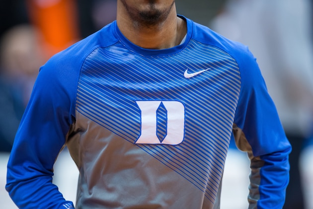 SYRACUSE, NY - FEBRUARY 14:  Duke Nike Fearless Shootaround Long-Sleeve worn by a player on Duke Blue Devils before the game against the Syracuse Orange on February 14, 2015 at The Carrier Dome in Syracuse, New York.  Duke defeats Syracuse 80-72.  (Photo by Brett Carlsen/Getty Images)