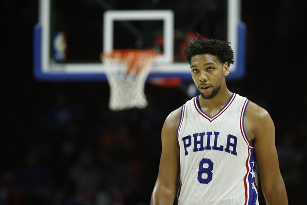 Philadelphia 76ers' Jahlil Okafor in action during an NBA preseason basketball game against the Cleveland Cavaliers, Thursday, Oct. 8, 2015, in Philadelphia. (AP Photo/Matt Slocum)
