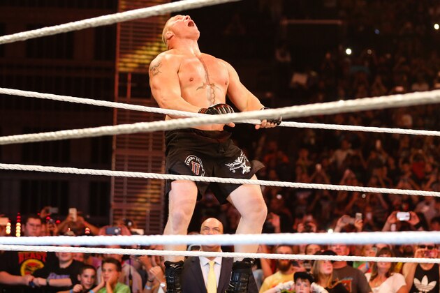 NEW YORK, NY - AUGUST 23:  Brock Lesnar enters the ring at the WWE SummerSlam 2015 at Barclays Center of Brooklyn on August 23, 2015 in New York City.  (Photo by JP Yim/Getty Images)