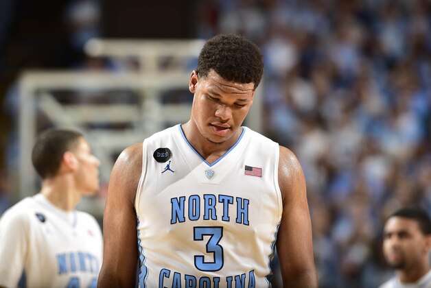 Feb 24, 2015; Chapel Hill, NC, USA; North Carolina Tar Heels forward Kennedy Meeks (3) reacts in the second half. The North Carolina State Wolfpack defeated the North Carolina Tar Heels 58-46 at Dean E. Smith Center. Mandatory Credit: Bob Donnan-USA TODAY Sports Feb 24, 2015; Chapel Hill, NC, USA; North Carolina Tar Heels forward Kennedy Meeks (3) reacts in the second half. The North Carolina State Wolfpack defeated the North Carolina Tar Heels 58-46 at Dean E. Smith Center. Mandatory Credit: Bob Donnan-USA TODAY Sports
