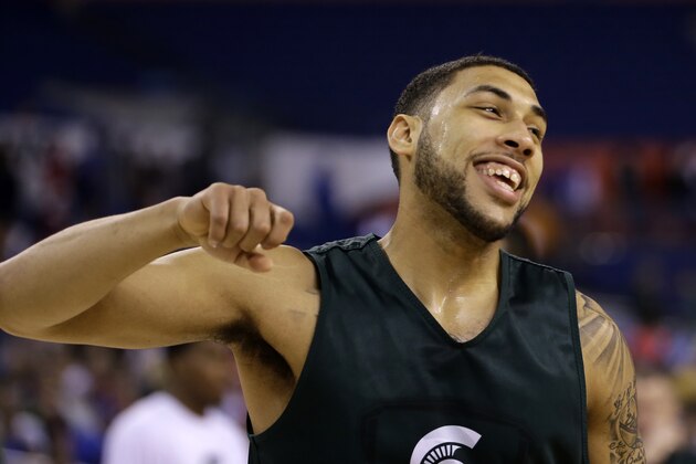 Michigan State's Denzel Valentine reacts during a practice session for the NCAA Final Four tournament college basketball semifinal game Friday, April 3, 2015, in Indianapolis. Michigan State plays Duke on Saturday. (AP Photo/David J. Phillip)