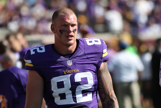 Minnesota Vikings tight end Kyle Rudolph (82) on the sidelines in the first half of an NFL football game against the San Diego Chargers in Minneapolis, Sunday, Sept. 27, 2015.  (AP Photo/Andy Clayton-King)