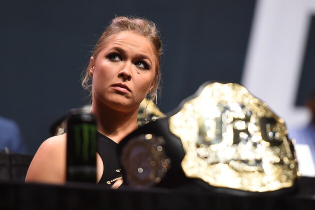 LAS VEGAS, NEVADA - SEPTEMBER 04:  UFC women's bantamweight champion Ronda Rousey interacts with the media during the UFC's Go Big launch event inside MGM Grand Garden Arena on September 4, 2015 in Las Vegas, Nevada. (Photo by Jeff Bottari/Zuffa LLC/Zuffa LLC via Getty Images)
