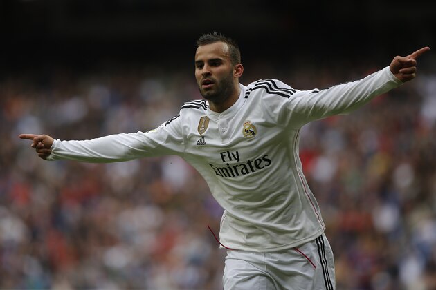 Real Madrid's Jese Rodriguez celebrates his goal during a Spanish La Liga soccer match between Real Madrid and Eibar at the Santiago Bernabeu stadium in Madrid, Spain, Saturday, April 11, 2015. (AP Photo/Andres Kudacki)