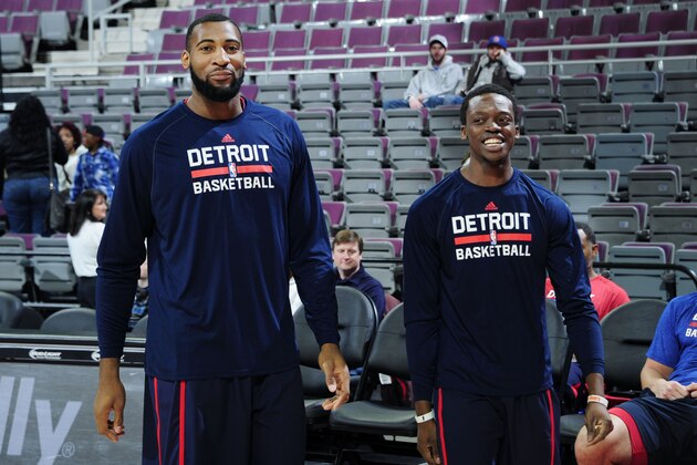 DETROIT, MI - FEBRUARY 22: Andre Drummond #0 and Reggie Jackson of the Detroit Pistons warm up before the game against the Washington Wizards on February 22, 2015 at Palace of Auburn Hills in Detroit, Michigan. NOTE TO USER: User expressly acknowledges and agrees that, by downloading and/or using this photograph, User is consenting to the terms and conditions of the Getty Images License Agreement. Mandatory Copyright Notice: Copyright 2015 NBAE (Photo by Allen Einstein/NBAE via Getty Images)