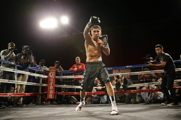 Boxer Gennady Golovkin works out in front of the media in New York, Tuesday, Oct. 13, 2015. Golovkin will fight David Lemieux in New York on Oct. 17, at Madison Square Garden. (AP Photo/Seth Wenig)