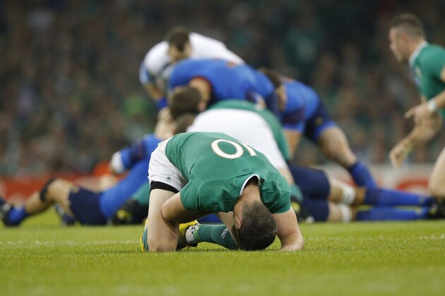 Ireland's Jonathan Sexton on the pitch during the Rugby World Cup Pool D match between France and Ireland at the Millennium Stadium, Cardiff, Sunday, Oct. 11, 2015. (AP Photo/Christophe Ena)