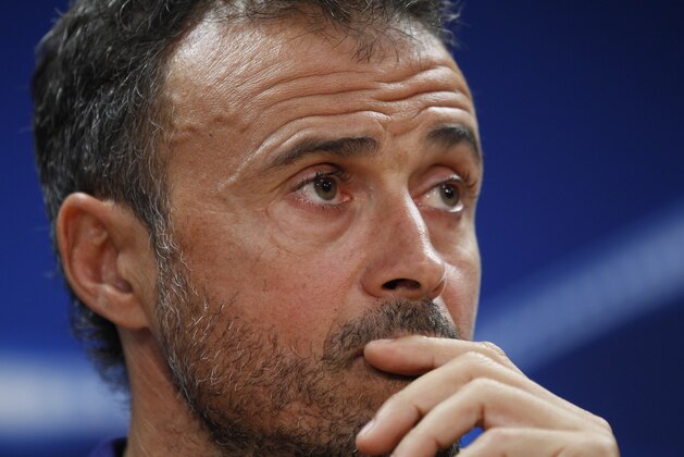 FC Barcelona's head coach Luis Enrique attends a press conference at the Sports Center FC Barcelona Joan Gamper in San Joan Despi, Spain, Monday, Sept. 28, 2015.  FC Barcelona will play against Bayer Leverkusen during a Champions League Group E on Tuesday. (AP Photo/Manu Fernandez)