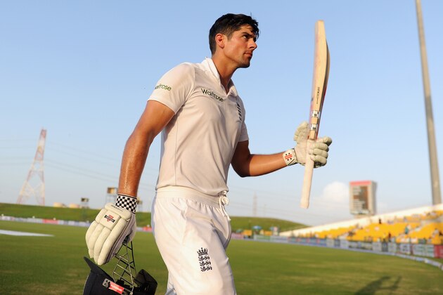 ABU DHABI, UNITED ARAB EMIRATES - OCTOBER 16:  England captain Alastair Cook leaves the field after being dismissed for 263 runs during day four of the 1st Test between Pakistan and England at Zayed Cricket Stadium on October 16, 2015 in Abu Dhabi, United Arab Emirates.  (Photo by Gareth Copley/Getty Images)