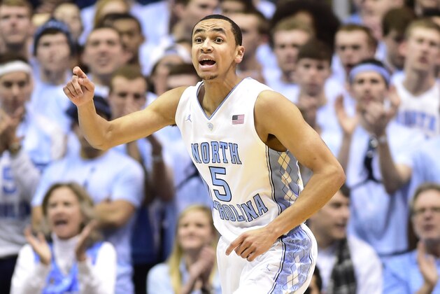 Jan 10, 2015; Chapel Hill, NC, USA; North Carolina Tar Heels guard Marcus Paige (5) reacts in the second half. The Tar Heels defeated the Cardinals 72-71 at Dean E. Smith Center. Mandatory Credit: Bob Donnan-USA TODAY Sports