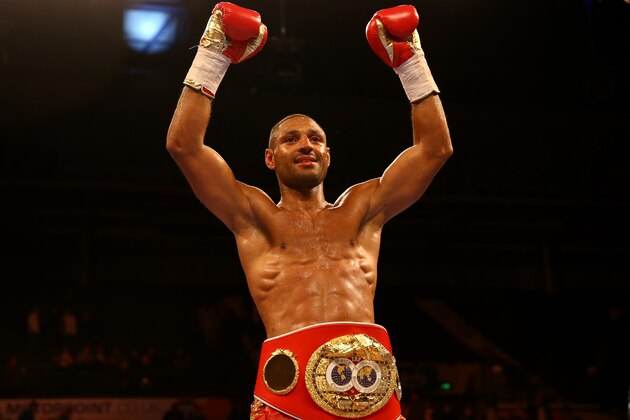 SHEFFIELD, ENGLAND - MARCH 28:  Kell Brook celebrates after beating Jo Jo Dan during their IBF World Welterweight Title Fight at the Motorpoint Arena on March 28, 2015 in Sheffield, England.  (Photo by Richard Heathcote/Getty Images)