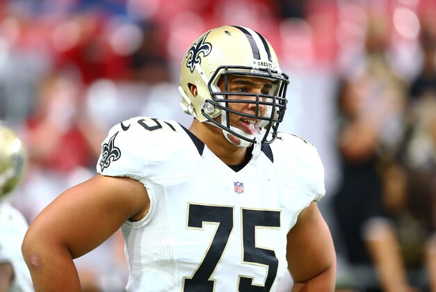 Sep 13, 2015; Glendale, AZ, USA; New Orleans Saints tackle Andrus Peat (75) against the Arizona Cardinals at University of Phoenix Stadium. Mandatory Credit: Mark J. Rebilas-USA TODAY Sports