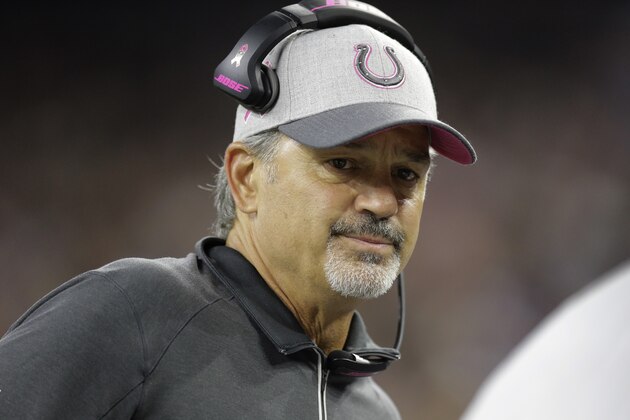 Indianapolis Colts head coach Chuck Pagano is shown during the first half of an NFL football game Thursday, Oct. 8, 2015, in Houston. (AP Photo/Patric Schneider)