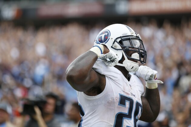 Tennessee Titans running back Antonio Andrews celebrates after scoring a touchdown on an 8-yard run against the Indianapolis Colts in the second half of an NFL football game Sunday, Sept. 27, 2015, in Nashville, Tenn. (AP Photo/Weston Kenney)