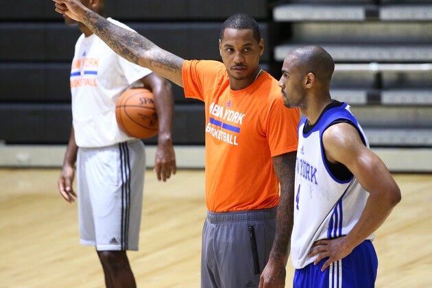 WEST POINT, NY - SEPTEMBER 30:  Carmelo Anthony #7 and Arron Afflalo #4 of the New York Knicks talk at practice on September 30, 2015 at West Point. NOTE TO USER: User expressly acknowledges and agrees that, by downloading and or using this photograph, User is consenting to the terms and conditions of the Getty Images License Agreement. Mandatory Copyright Notice: Copyright 2015 NBAE (Photo by Nathaniel S. Butler/NBAE via Getty Images)