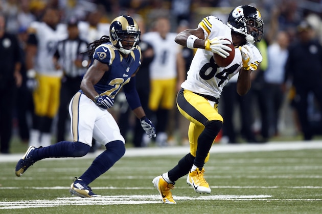 Pittsburgh Steelers wide receiver Antonio Brown, right, catches a pass as St. Louis Rams cornerback Janoris Jenkins defends during the third quarter of an NFL football game Sunday, Sept. 27, 2015, in St. Louis. (AP Photo/Billy Hurst) Pittsburgh Steelers wide receiver Antonio Brown, right, catches a pass as St. Louis Rams cornerback Janoris Jenkins defends during the third quarter of an NFL football game Sunday, Sept. 27, 2015, in St. Louis. (AP Photo/Billy Hurst)