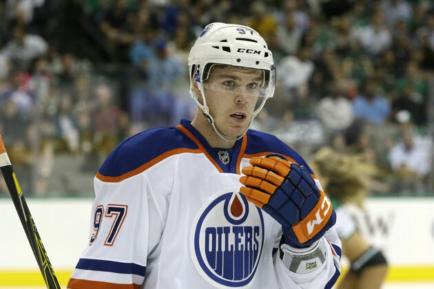 Edmonton Oilers center Connor McDavid (97) skates off the ice during the first period of an NHL hockey game against the Dallas Stars Tuesday, Oct. 13, 2015, in Dallas. (AP Photo/LM Otero)