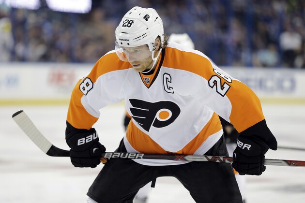 Philadelphia Flyers center Claude Giroux (28) during the third period of an NHL hockey game against the Tampa Bay Lightning Thursday, Oct. 8, 2015, in Tampa, Fla. (AP Photo/Chris O'Meara)