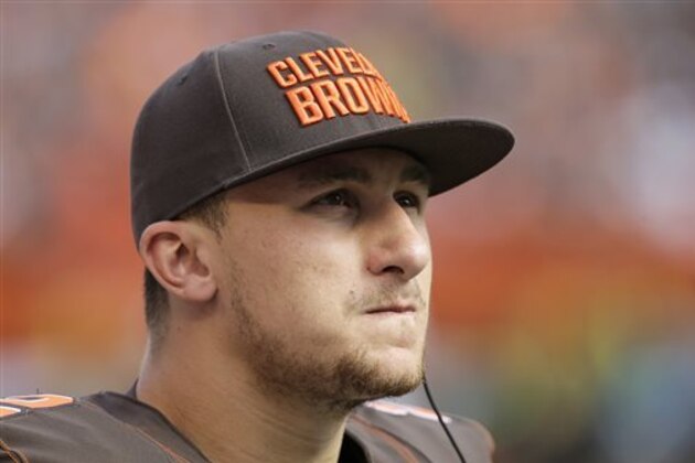 FILE - In this Sept. 27, 2015, file photo, Cleveland Browns quarterback Johnny Manziel watches from the sidelines during the second half of an NFL football game against the Oakland Raiders in Cleveland. When an NFL team is forced to use its backup quarterback, whether because of injury or poor performance by the starter, it adds stress to everyone. (AP Photo/Aaron Josefczyk, File)