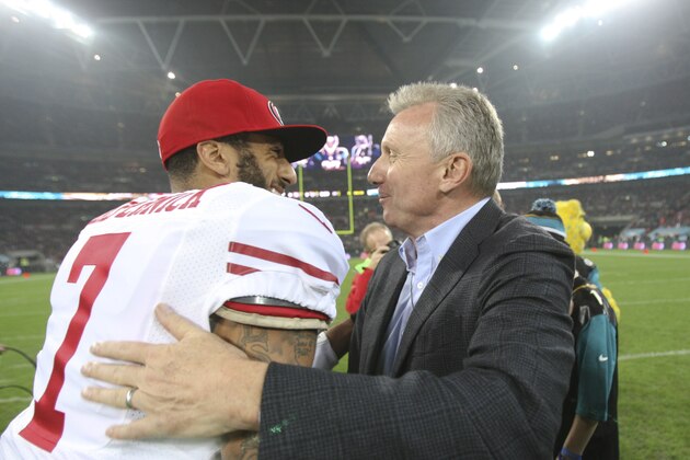 LONDON, ENGLAND - OCTOBER 27: Colin Kaepernick #7 of the San Francisco 49ers gets a hug from former 49er Joe Montana prior to the game against the Jacksonville Jaguars at Wembley Stadium on October 27, 2013 in London, England. The 49ers defeated the Jaguars 42-10 during the NFL International Series game. (Photo by Michael Zagaris/San Francisco 49ers/Getty Images)