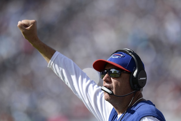Buffalo Bills head coach Rex Ryan calls out from the sideline in the second half of an NFL football game against the Tennessee Titans Sunday, Oct. 11, 2015, in Nashville, Tenn. The Bills won 14-13. (AP Photo/Mark Zaleski)