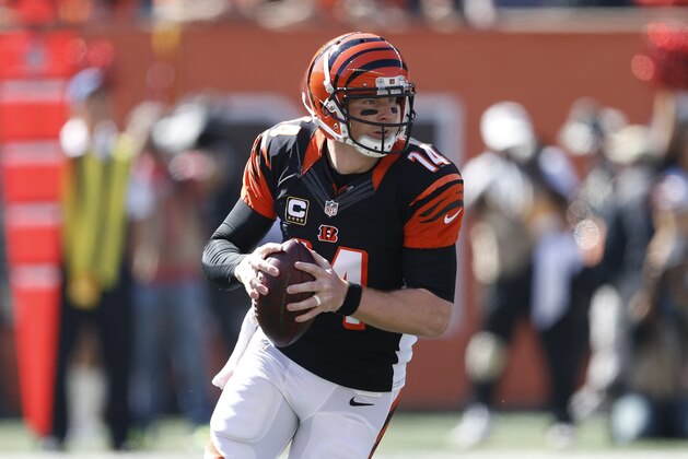 Cincinnati Bengals quarterback Andy Dalton looks to pass in the first half of an NFL football game against the Seattle Seahawks, Sunday, Oct. 11, 2015, in Cincinnati. (AP Photo/Gary Landers)