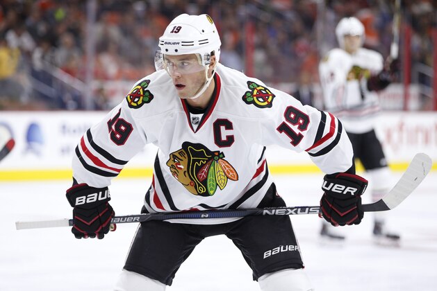 Chicago Blackhawks center Jonathan Toews looks on during the first period of a hockey game against the Philadelphia Flyers, Wednesday, Oct. 14, 2015, in Philadelphia. The Flyers won 3-0. (AP Photo/Chris Szagola)