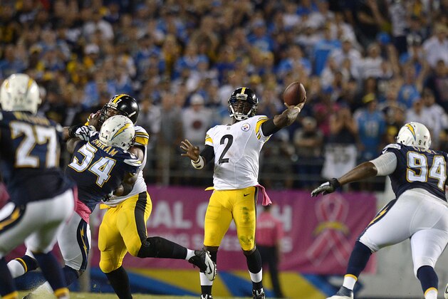 Oct 12, 2015; San Diego, CA, USA; Pittsburgh Steelers quarterback Mike Vick (2) passes during the fourth quarter against the San Diego Chargers at Qualcomm Stadium. Mandatory Credit: Jake Roth-USA TODAY Sports